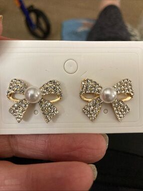 Gold Bow Pearl & Crystal Stud Earrings - White